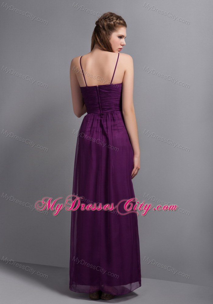 Purple Ankle-length Spaghetti Straps Bridesmaid Dress with Hand Made Flower