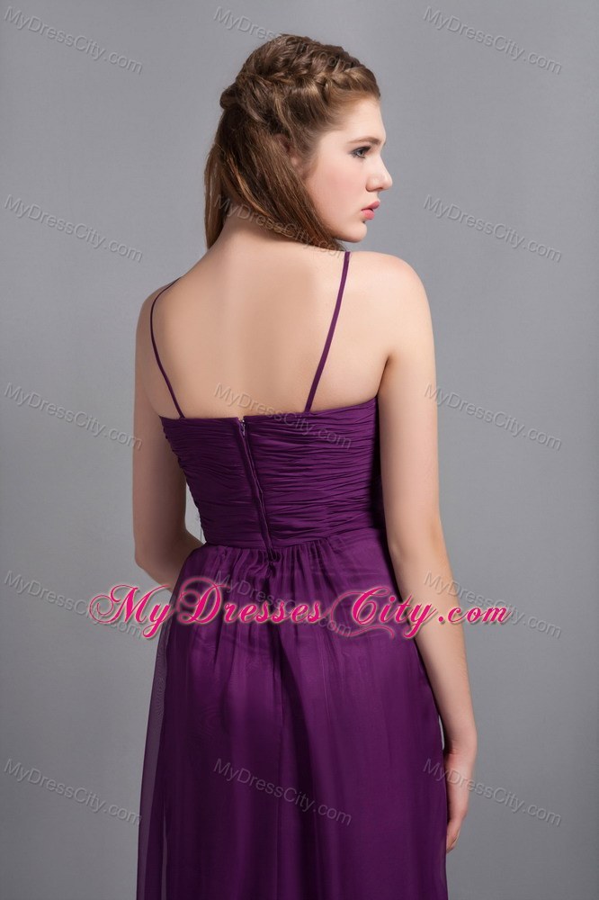 Purple Ankle-length Spaghetti Straps Bridesmaid Dress with Hand Made Flower