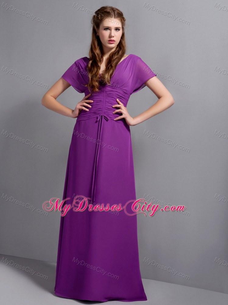 Best Purple Sheathy V-neck Floor-length Chiffon Ruched Bridesmaid Dress