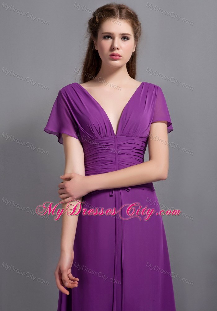 Best Purple Sheathy V-neck Floor-length Chiffon Ruched Bridesmaid Dress