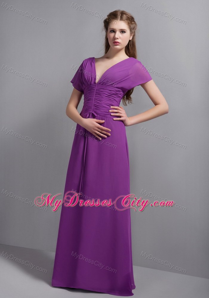 Best Purple Sheathy V-neck Floor-length Chiffon Ruched Bridesmaid Dress