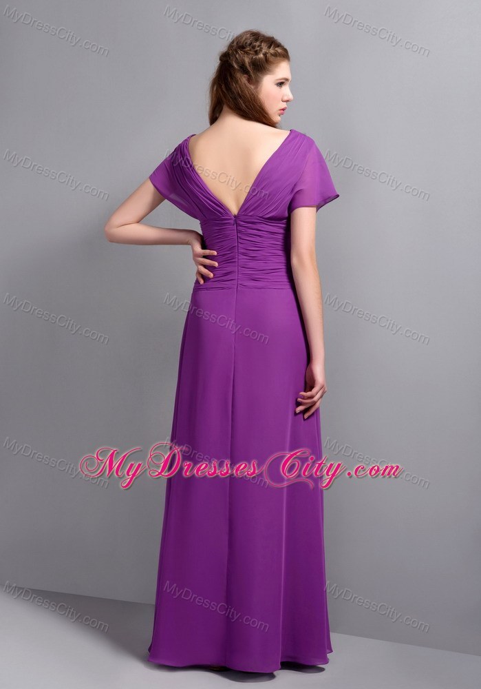 Best Purple Sheathy V-neck Floor-length Chiffon Ruched Bridesmaid Dress