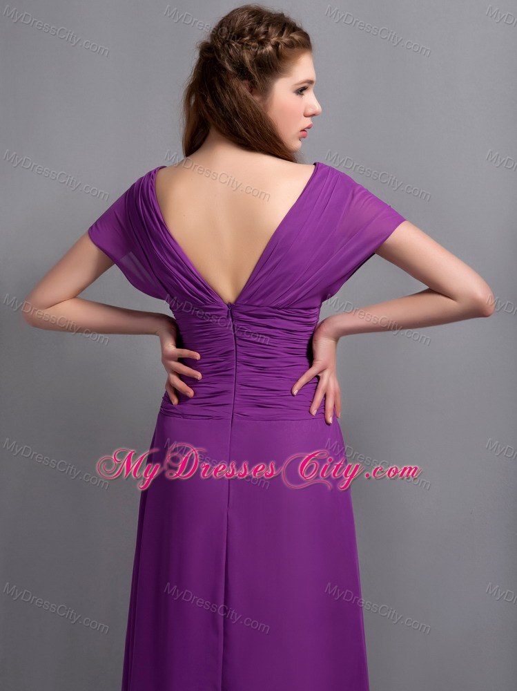 Best Purple Sheathy V-neck Floor-length Chiffon Ruched Bridesmaid Dress