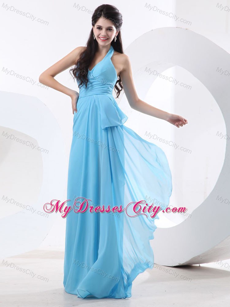 Soft Long Baby Blue Halter Top Ruched Chiffon Bridesmaid Dress 2013 on Sale