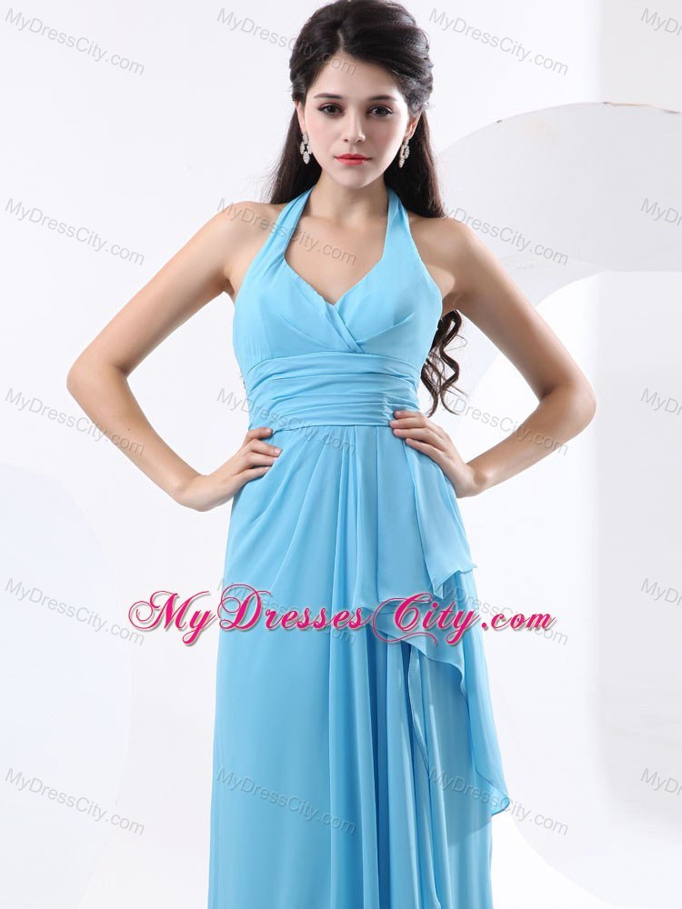 Soft Long Baby Blue Halter Top Ruched Chiffon Bridesmaid Dress 2013 on Sale