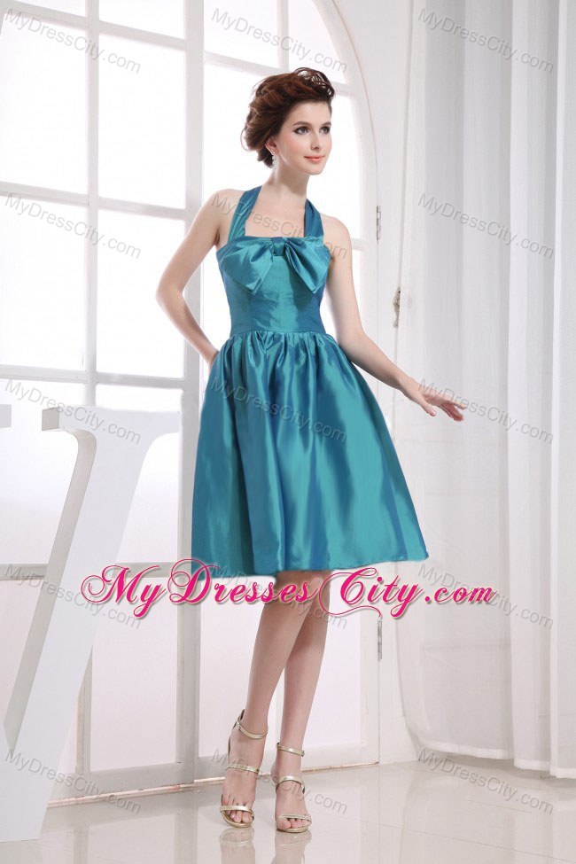 Lonely Teal Halter Top Neckline Knee-length Bridesmaid Dress with Bow