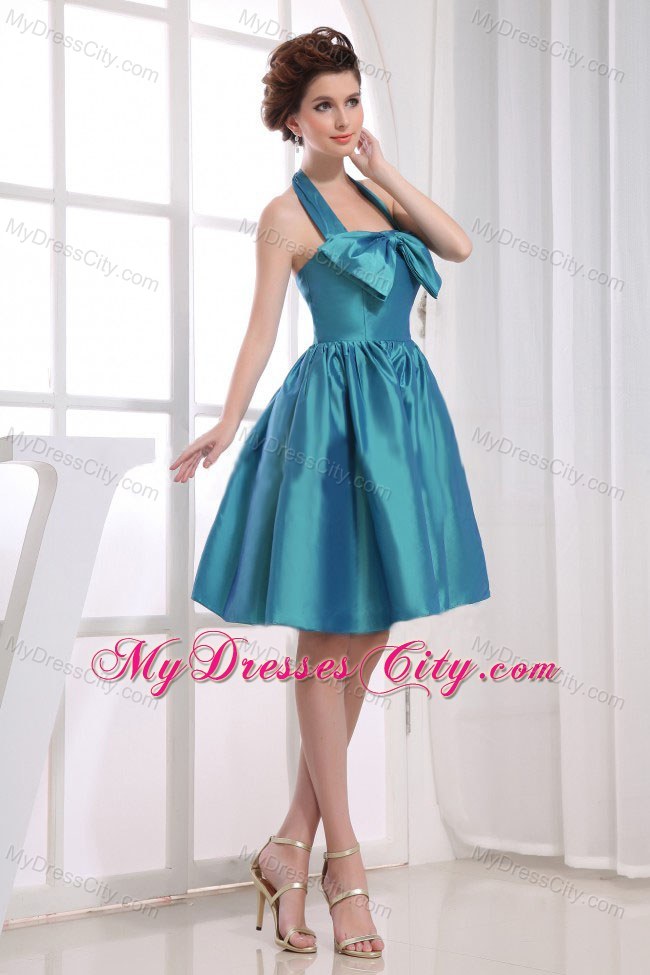 Lonely Teal Halter Top Neckline Knee-length Bridesmaid Dress with Bow