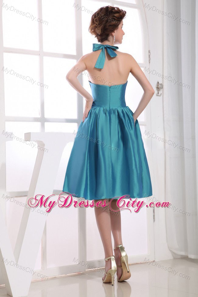 Lonely Teal Halter Top Neckline Knee-length Bridesmaid Dress with Bow