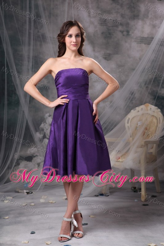 Customize Eggplant Purple A-line Strapless Knee-length Bridesmaid Dress