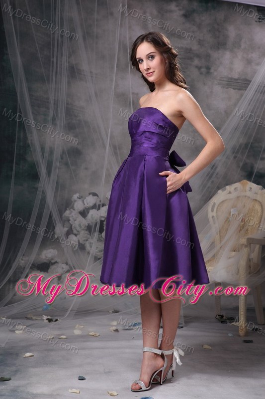 Customize Eggplant Purple A-line Strapless Knee-length Bridesmaid Dress