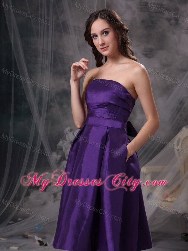 Customize Eggplant Purple A-line Strapless Knee-length Bridesmaid Dress