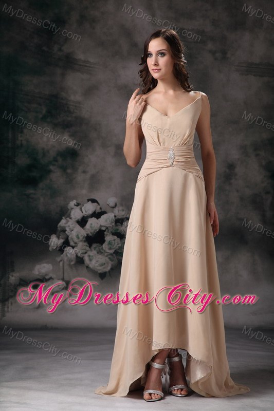 Long Beaded Champagne Slinky Spaghetti Straps Chiffon Bridesmaid Dress