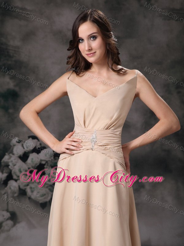 Long Beaded Champagne Slinky Spaghetti Straps Chiffon Bridesmaid Dress