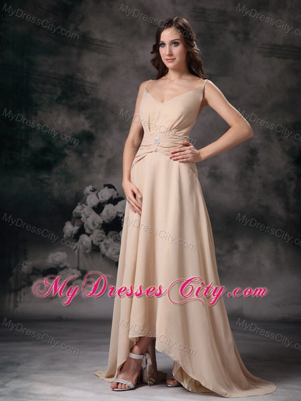 Long Beaded Champagne Slinky Spaghetti Straps Chiffon Bridesmaid Dress