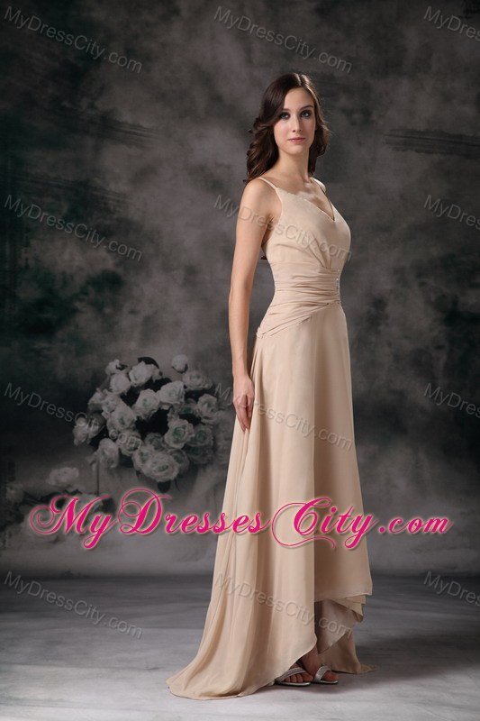 Long Beaded Champagne Slinky Spaghetti Straps Chiffon Bridesmaid Dress