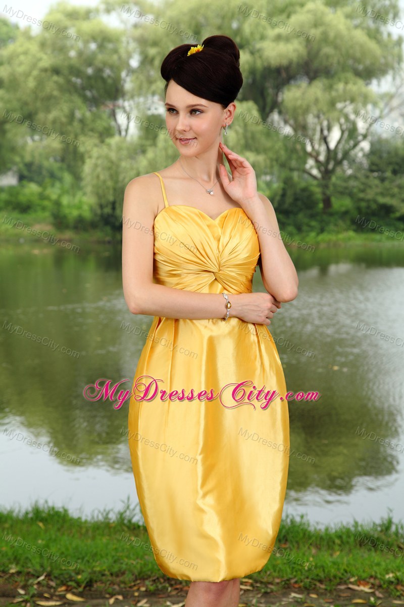 Exquisite Knee-length Yellow Ruched Spaghetti Straps Bridesmaid Dress