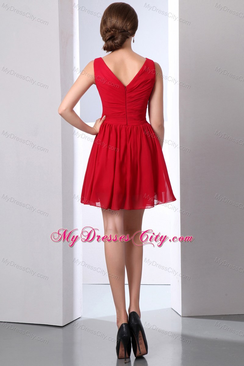 Showy Empire Wine Red V-neck Chiffon Ruche A-line Mini Bridesmaid Dress