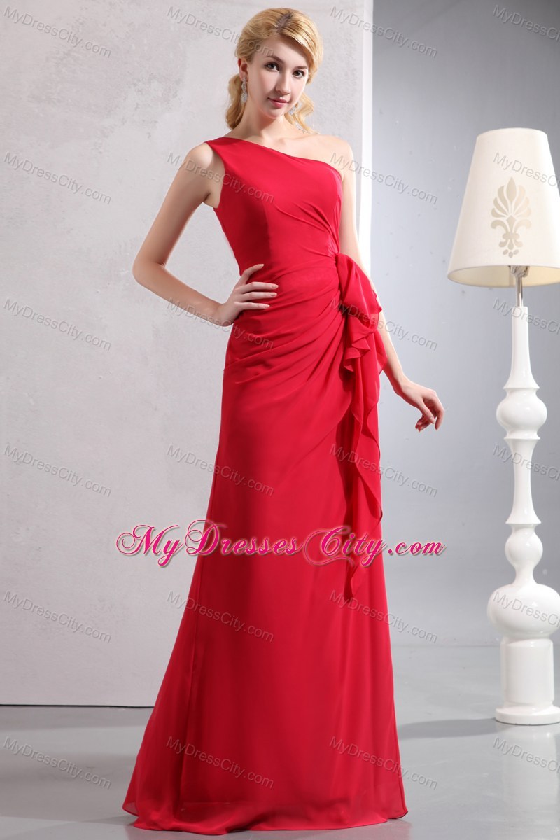 Jazzy Long Red One Shoulder Column Chiffon Bridesmaid Dress Ruched