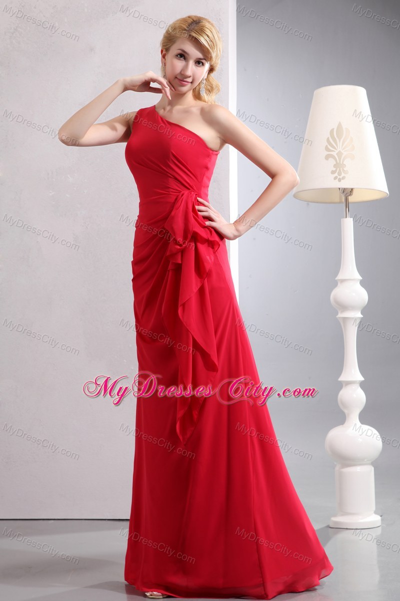 Jazzy Long Red One Shoulder Column Chiffon Bridesmaid Dress Ruched