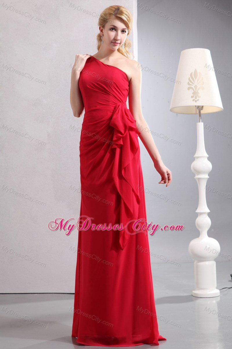 Jazzy Long Red One Shoulder Column Chiffon Bridesmaid Dress Ruched