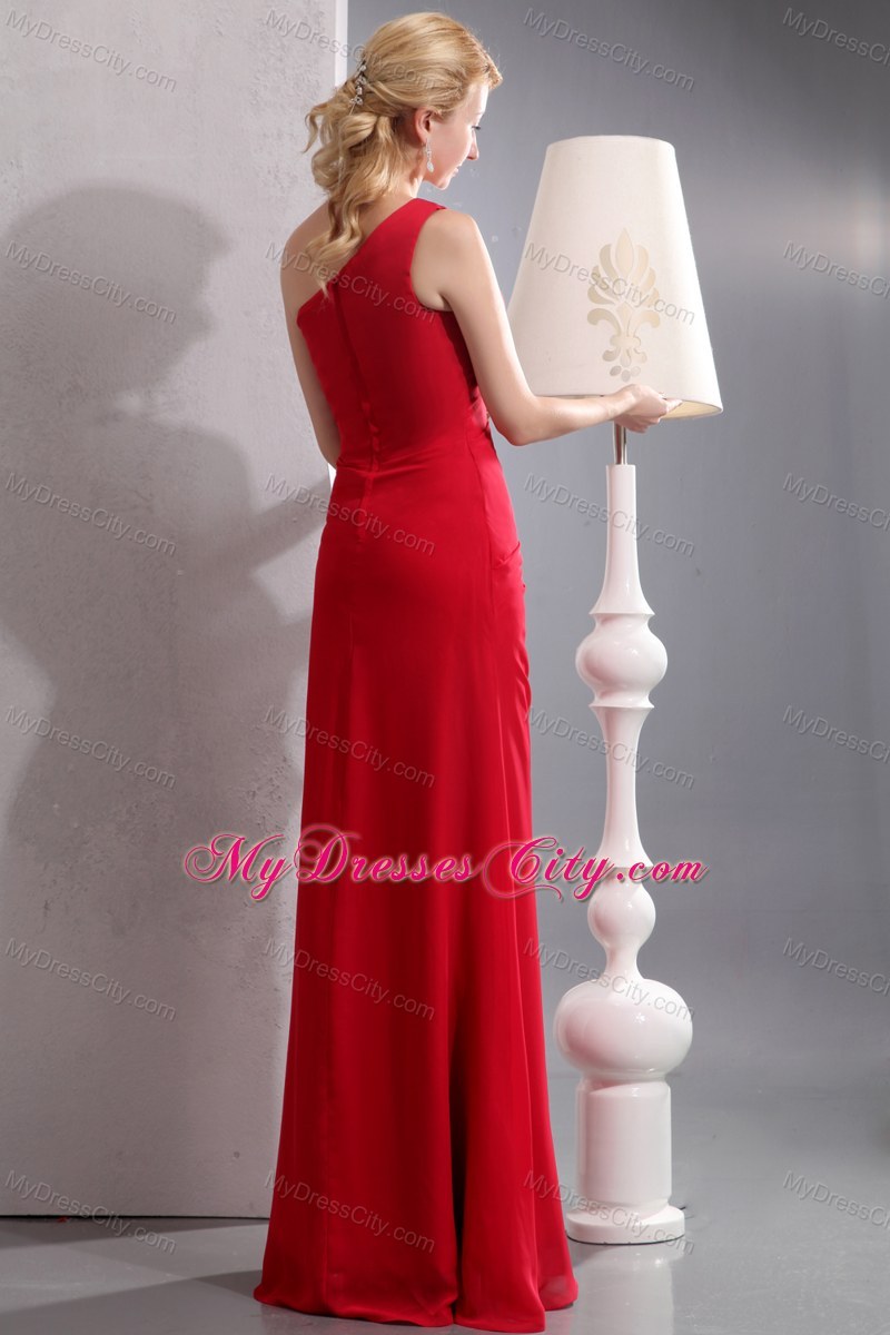 Jazzy Long Red One Shoulder Column Chiffon Bridesmaid Dress Ruched