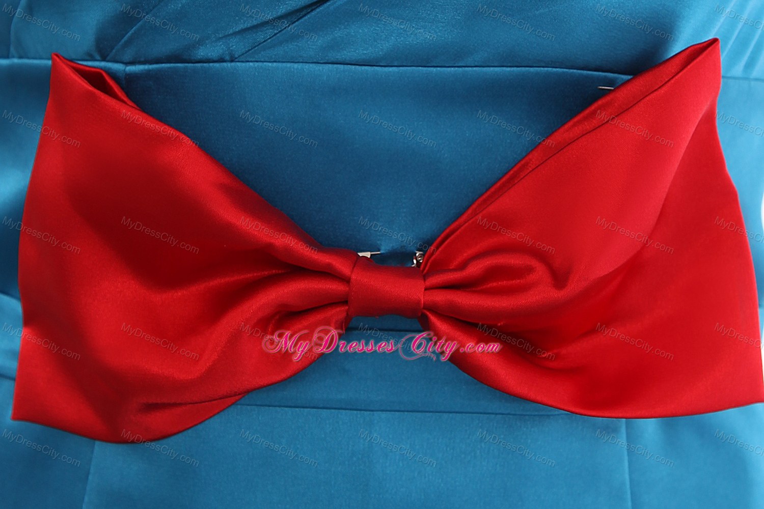 Sky Blue One Shoulder Sheathy Mini Maid of Honor Dress with Red Bowknot