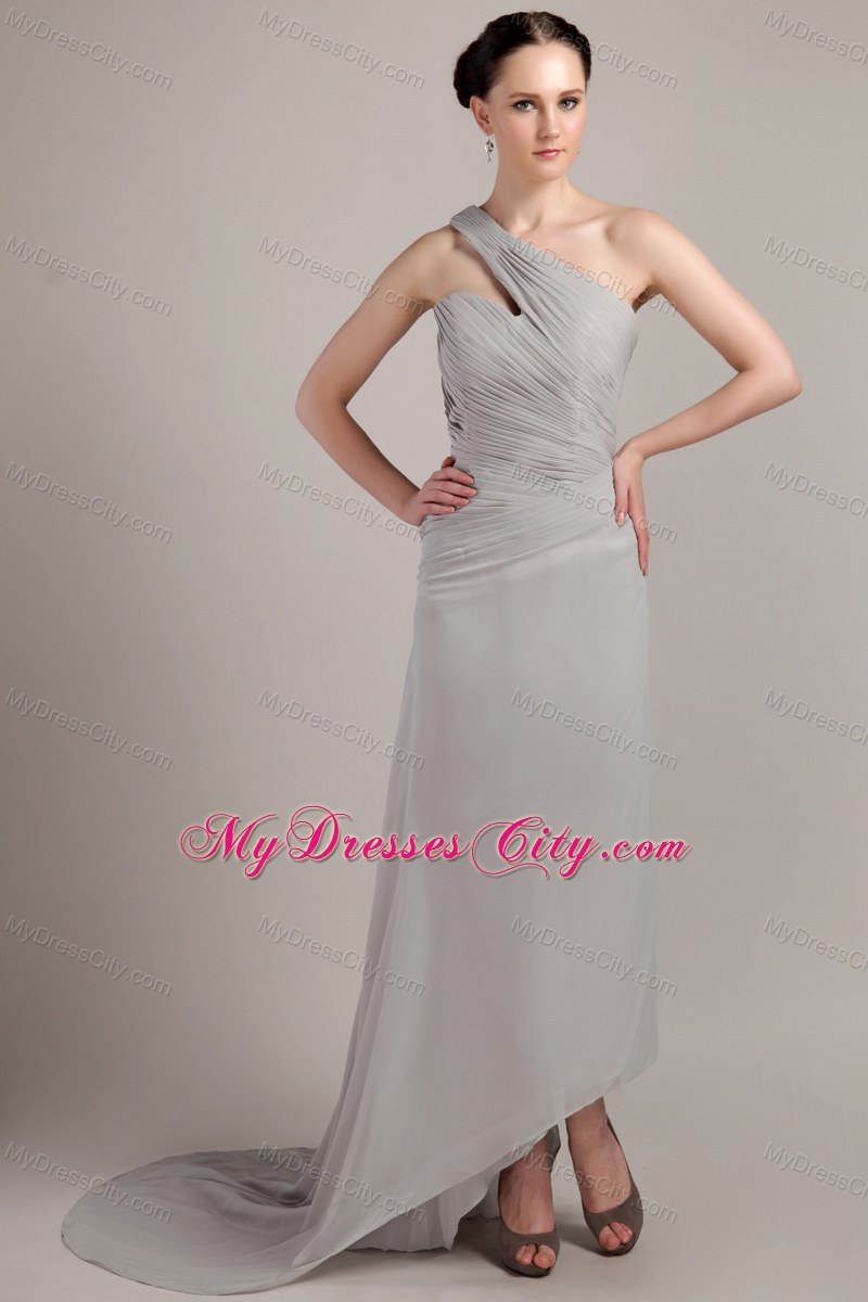 Grey Empire One Shoulder Brush Train Bridesmaid Gown in Chiffon