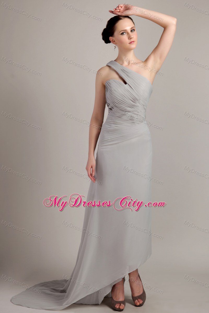 Grey Empire One Shoulder Brush Train Bridesmaid Gown in Chiffon