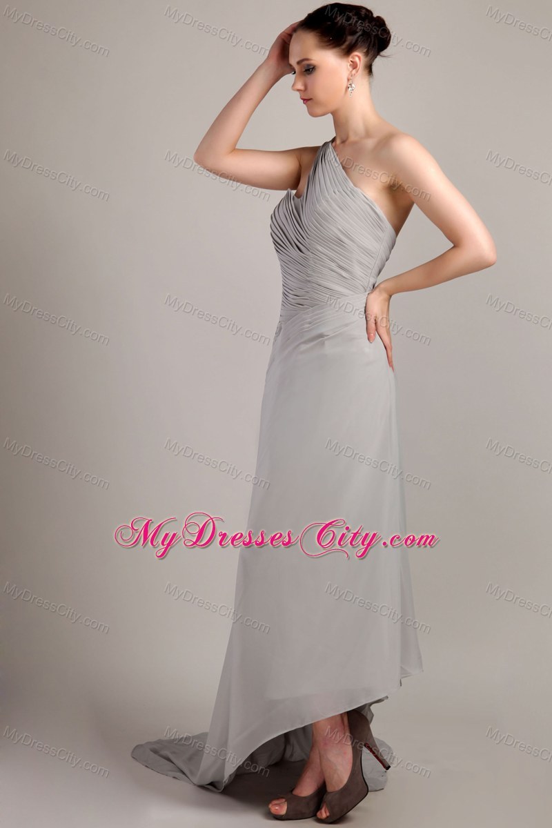 Grey Empire One Shoulder Brush Train Bridesmaid Gown in Chiffon