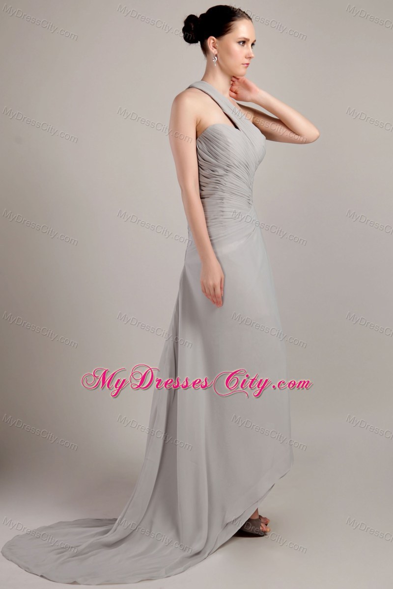 Grey Empire One Shoulder Brush Train Bridesmaid Gown in Chiffon