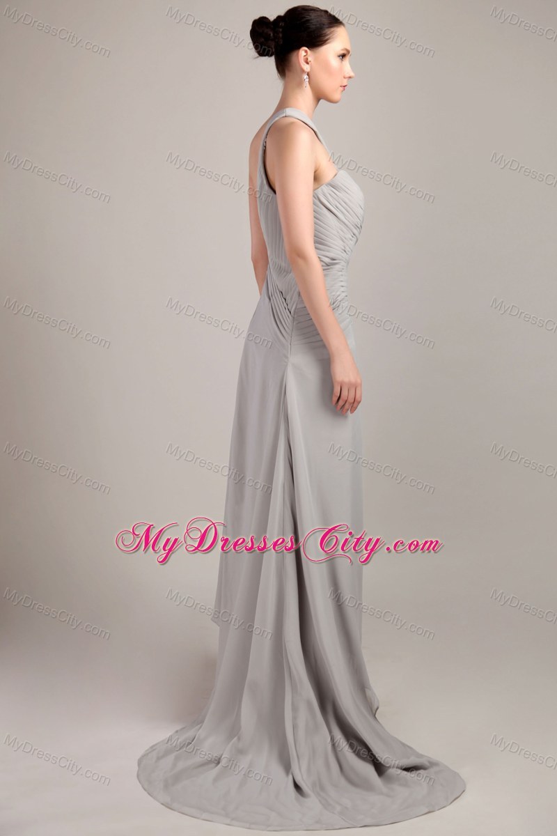 Grey Empire One Shoulder Brush Train Bridesmaid Gown in Chiffon