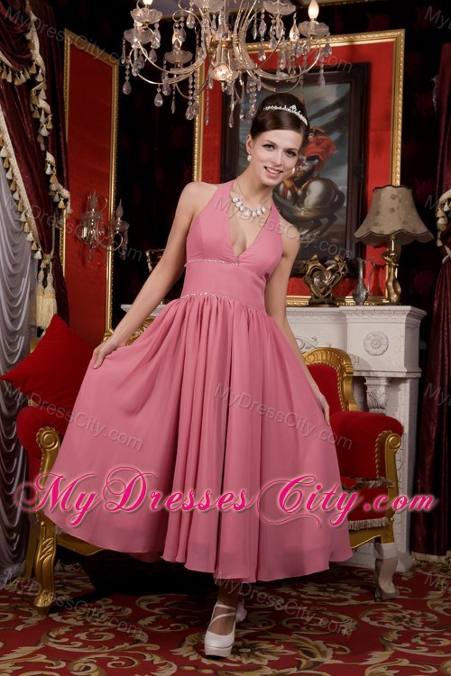 Pink A-line Halter Tea-length Chiffon Beaded Bridesmaid Dress