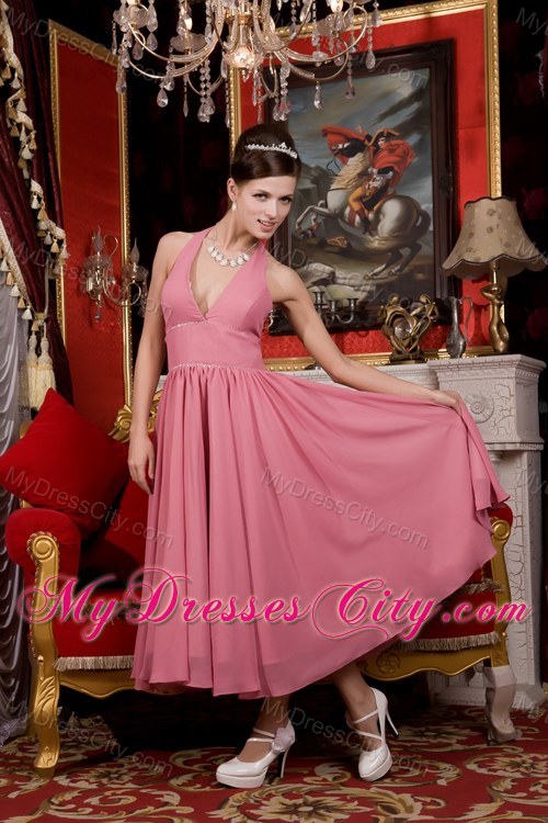 Pink A-line Halter Tea-length Chiffon Beaded Bridesmaid Dress