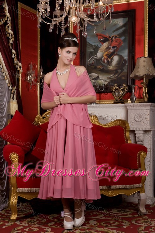 Pink A-line Halter Tea-length Chiffon Beaded Bridesmaid Dress