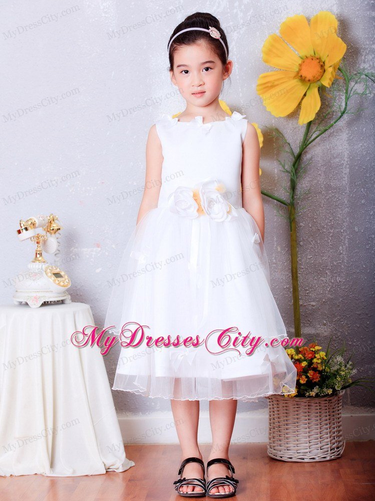 A-line Scoop Tea-length Organza Flower Girl Dress Flowers Decorate