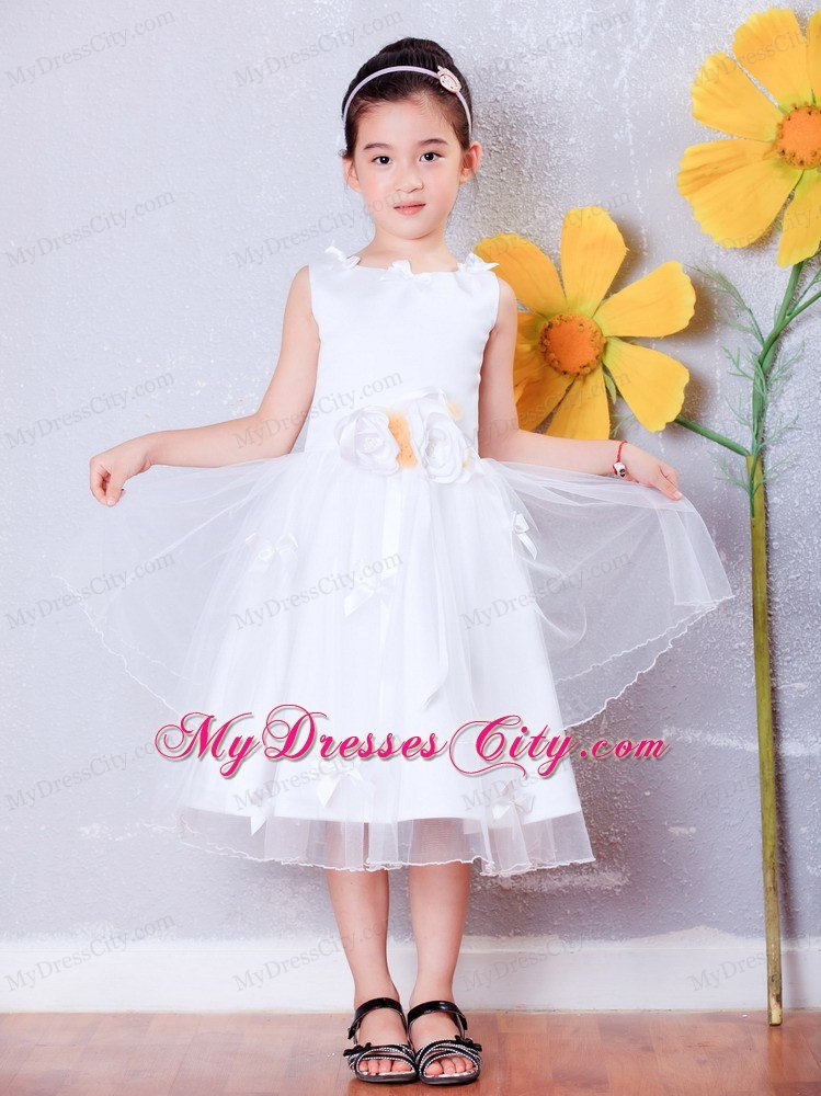 A-line Scoop Tea-length Organza Flower Girl Dress Flowers Decorate