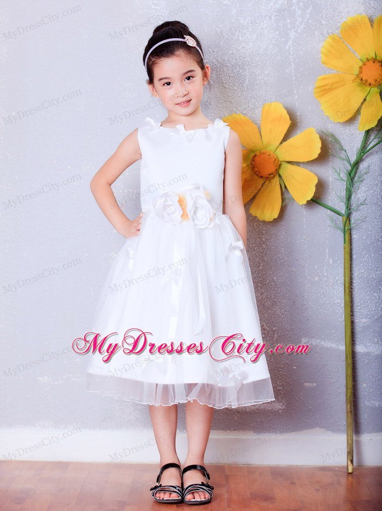 A-line Scoop Tea-length Organza Flower Girl Dress Flowers Decorate