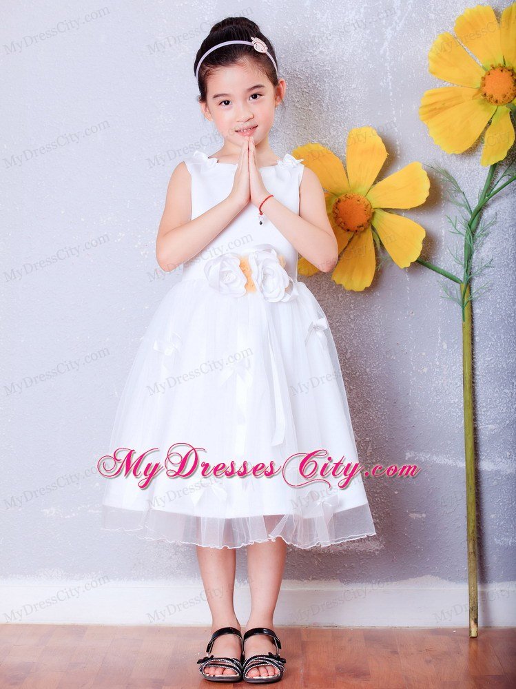 A-line Scoop Tea-length Organza Flower Girl Dress Flowers Decorate