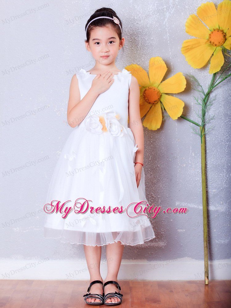 A-line Scoop Tea-length Organza Flower Girl Dress Flowers Decorate