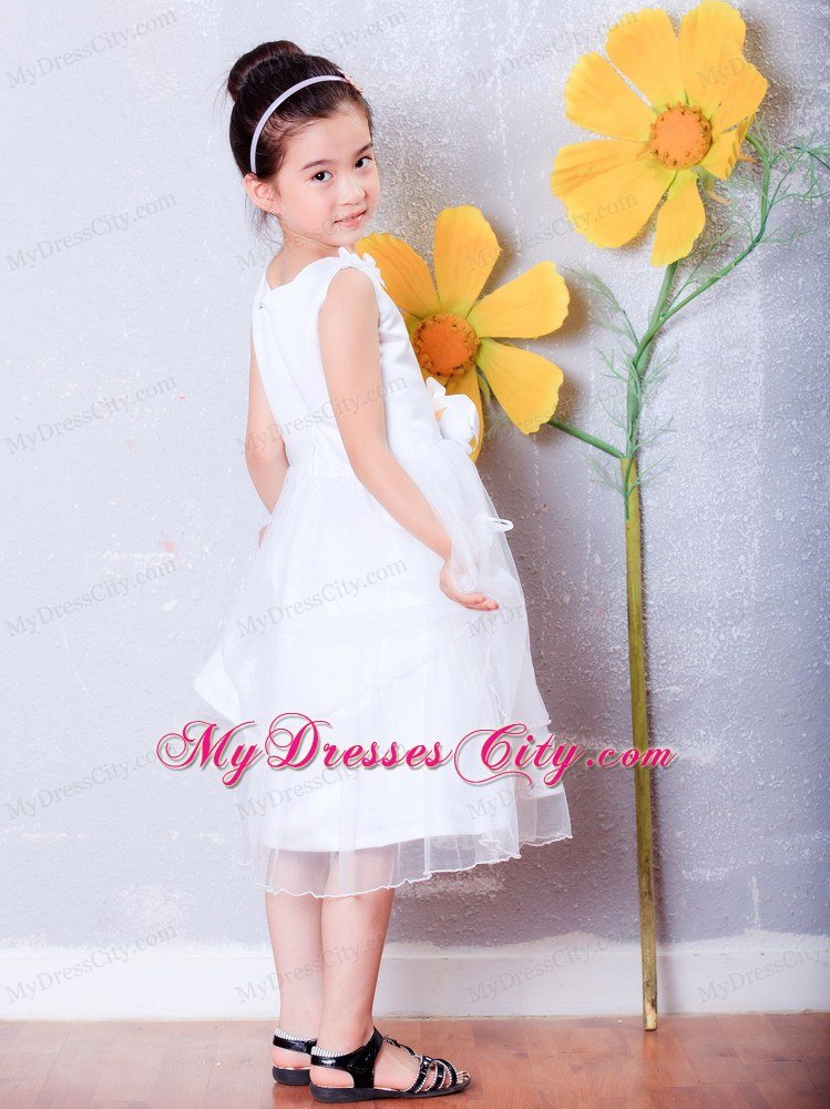 A-line Scoop Tea-length Organza Flower Girl Dress Flowers Decorate