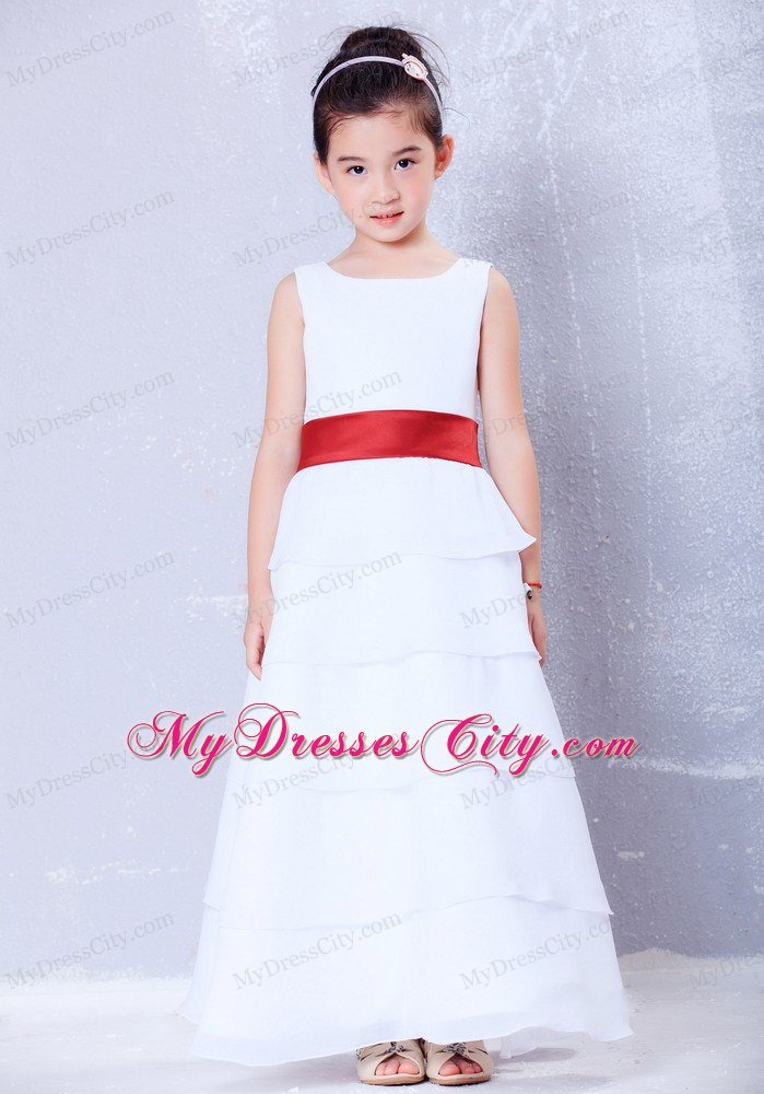 White and Red A-line Scoop Sashed Flower Girl Dress in Ankle-length