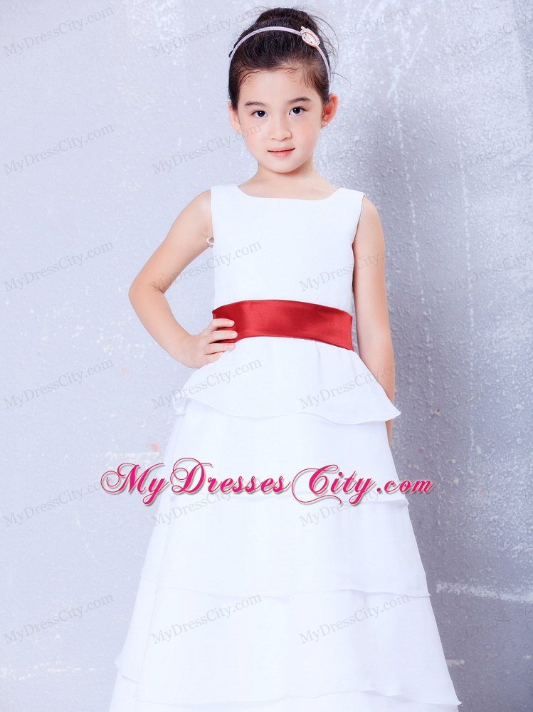 White and Red A-line Scoop Sashed Flower Girl Dress in Ankle-length