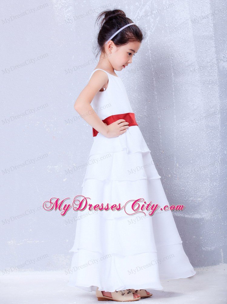 White and Red A-line Scoop Sashed Flower Girl Dress in Ankle-length