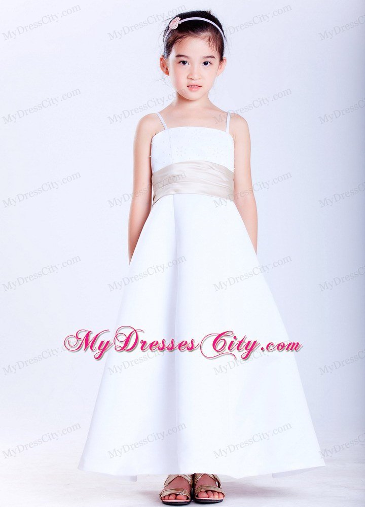 White A-line Ankle-length Flower Girl Dress Straps and Beading Decorate