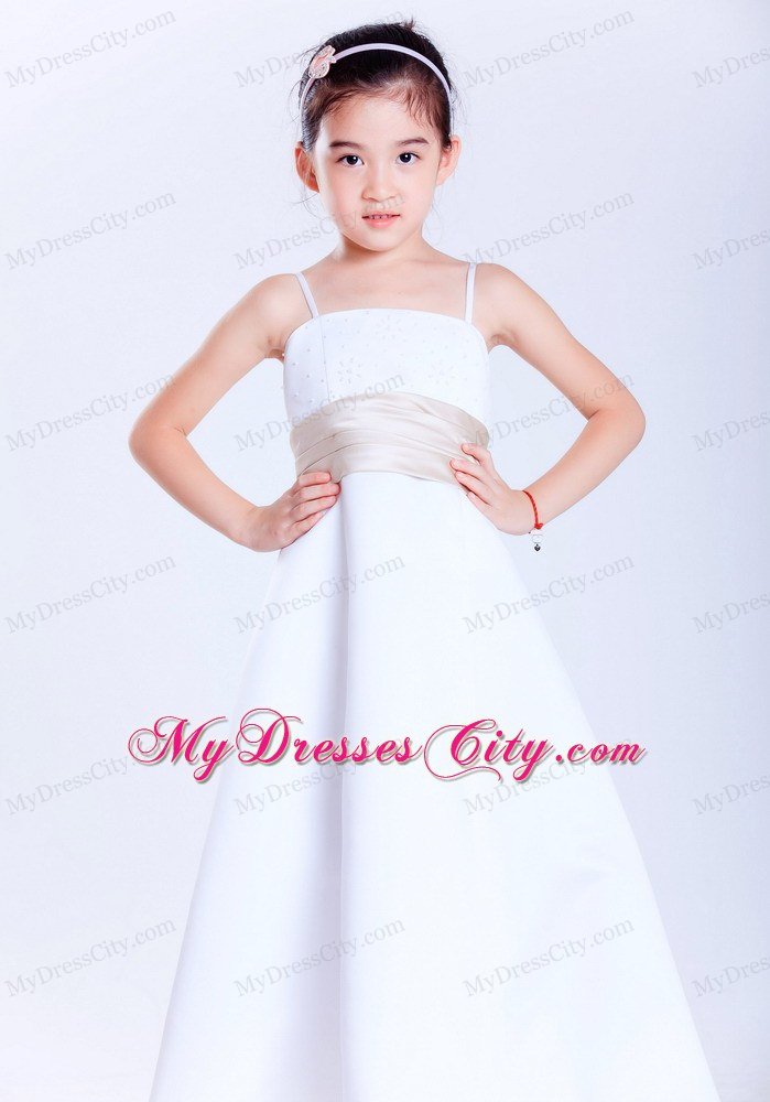 White A-line Ankle-length Flower Girl Dress Straps and Beading Decorate