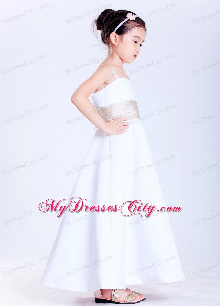 White A-line Ankle-length Flower Girl Dress Straps and Beading Decorate