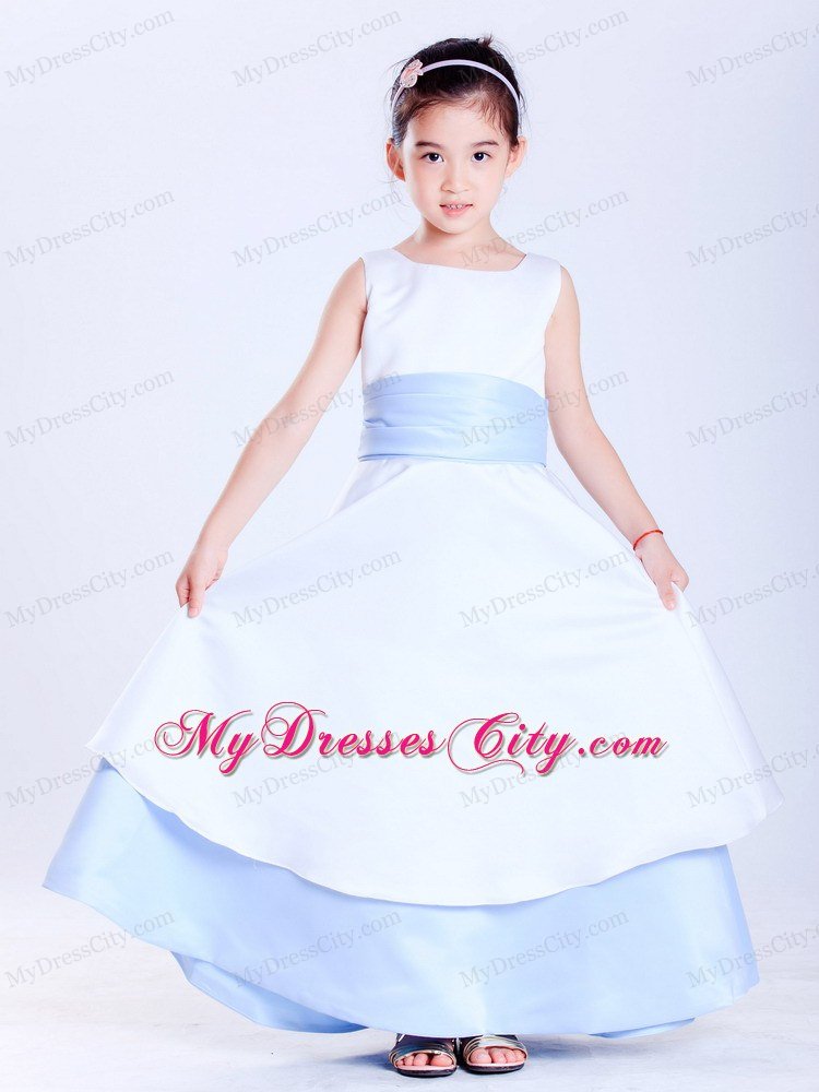 Scoop Ankle-length White and Light Blue A-line Flower Girl Dress With Sash