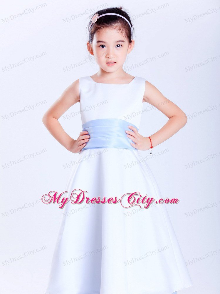 Scoop Ankle-length White and Light Blue A-line Flower Girl Dress With Sash