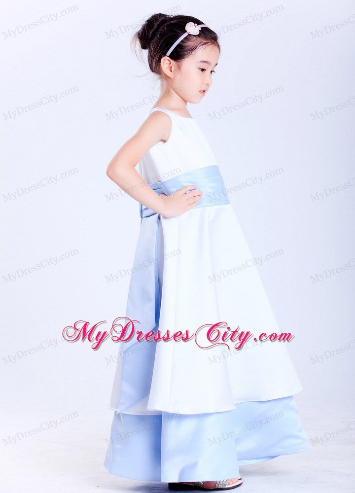 Scoop Ankle-length White and Light Blue A-line Flower Girl Dress With Sash