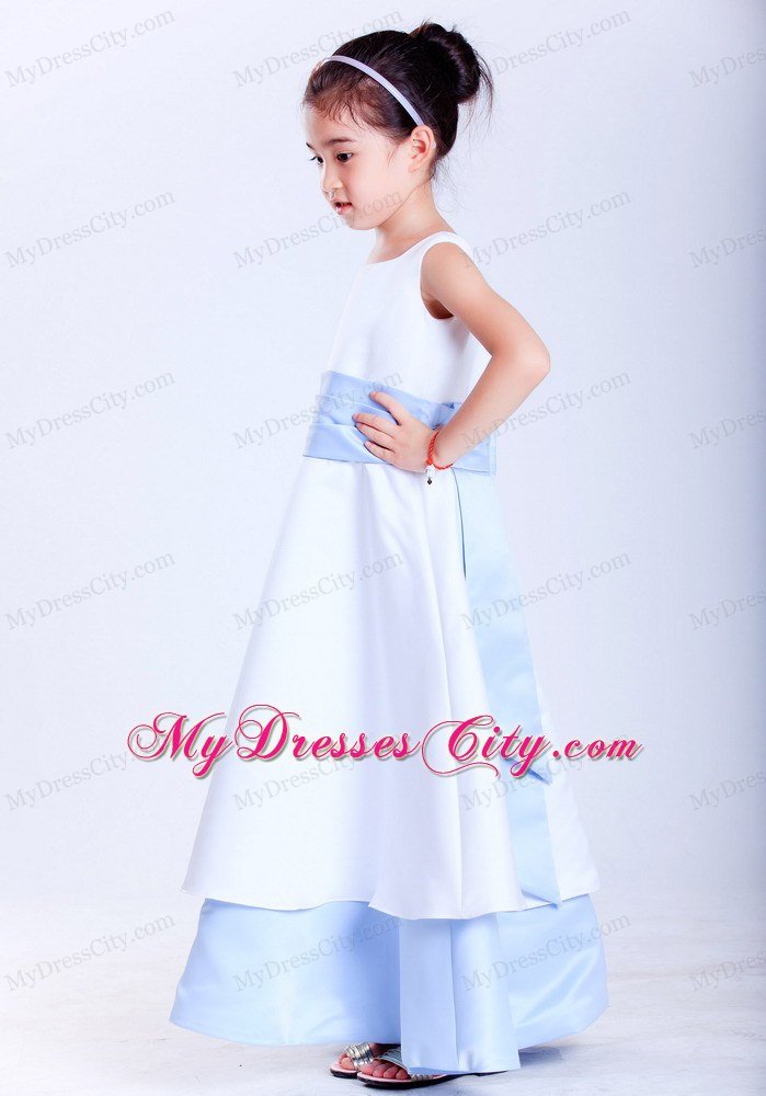 Scoop Ankle-length White and Light Blue A-line Flower Girl Dress With Sash